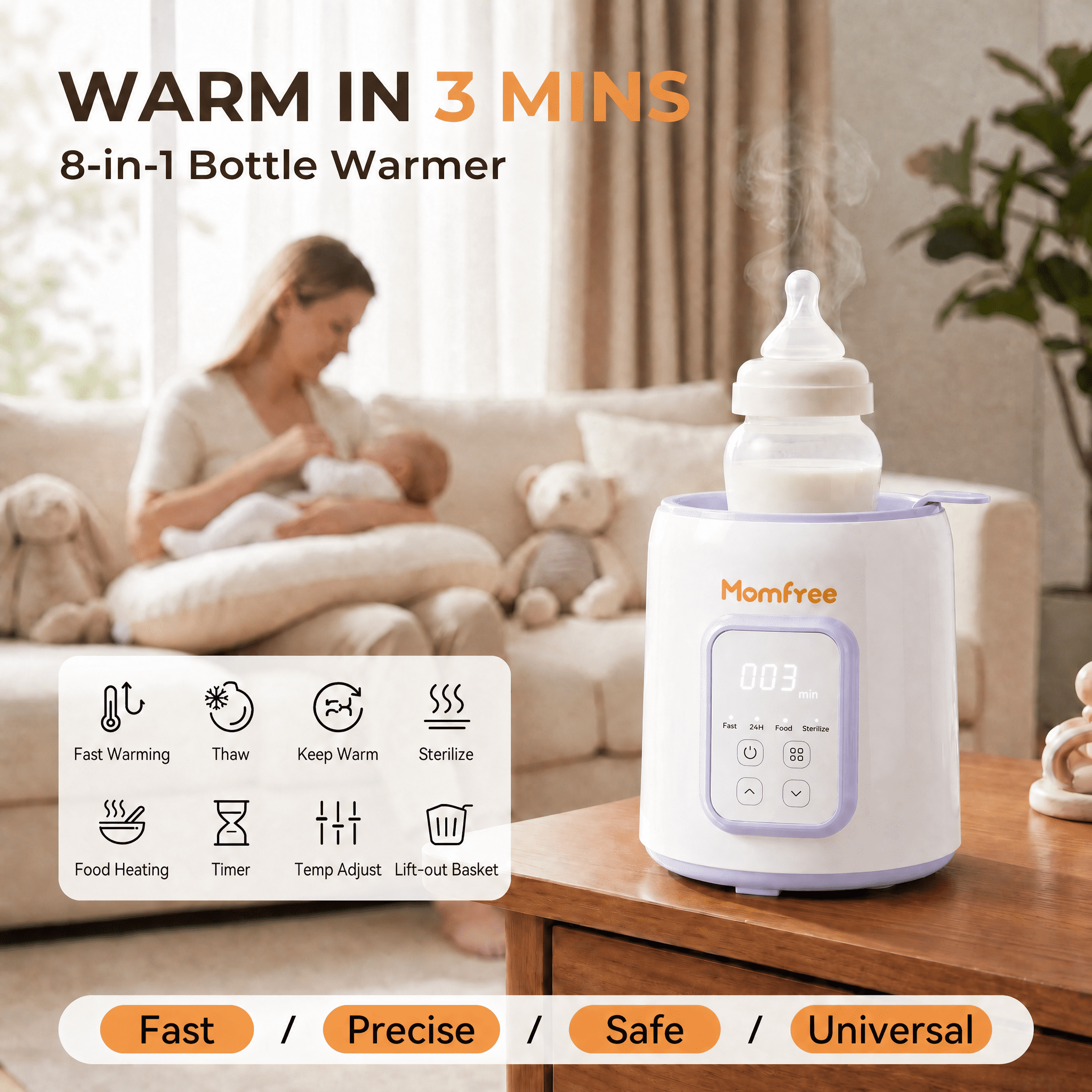 Momfree Baby Bottle Warmer,8-in-1 Baby Milk Warmer with Smart Temperature Control Fast Baby Food Heater,Automatic Shut-Off Breastmilk Warmer,Steam Sterilizer,with Defrost Keep for All Bottles