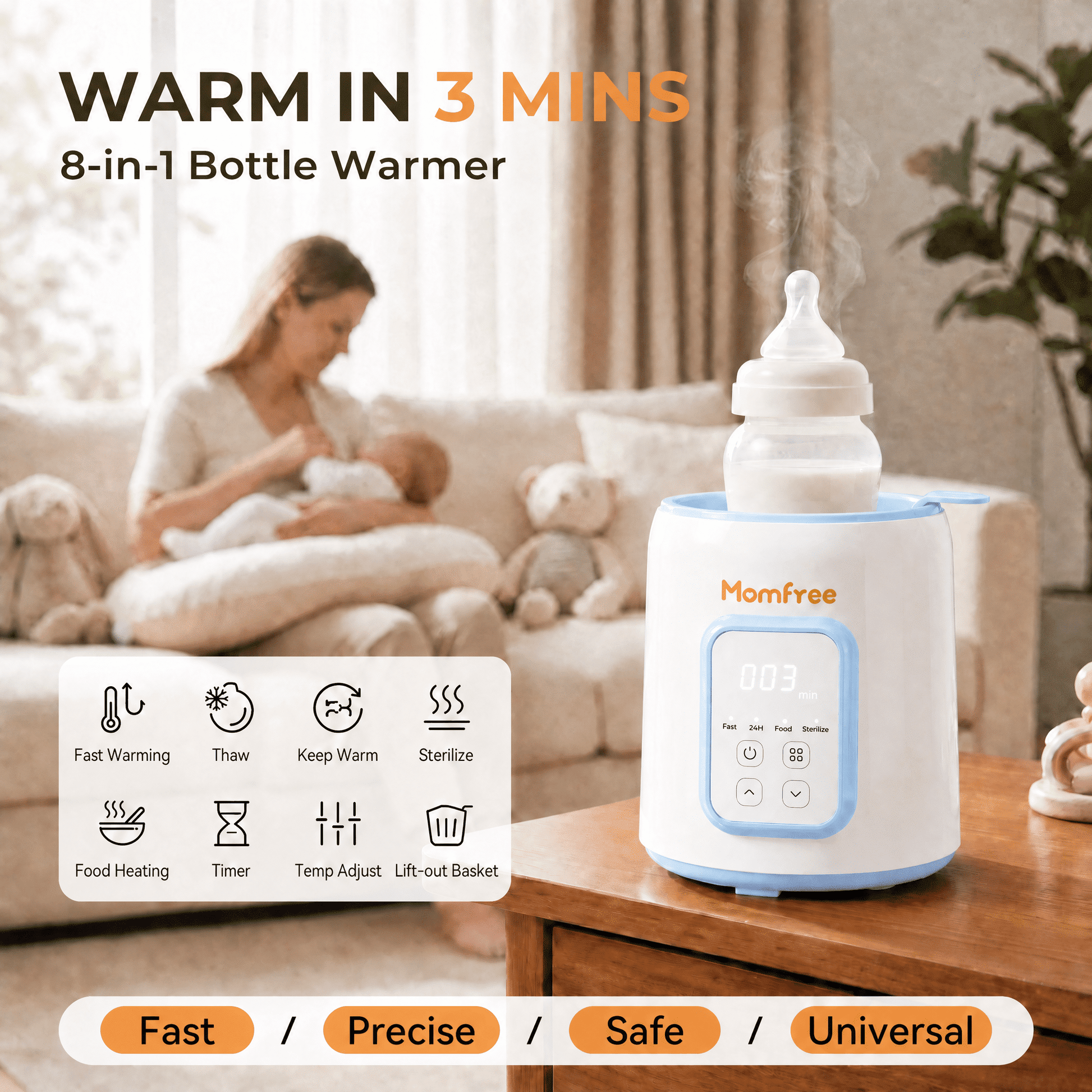 Momfree Baby Bottle Warmer,8-in-1 Baby Milk Warmer with Smart Temperature Control Fast Baby Food Heater,Automatic Shut-Off Breastmilk Warmer,Steam Sterilizer,with Defrost Keep for All Bottles