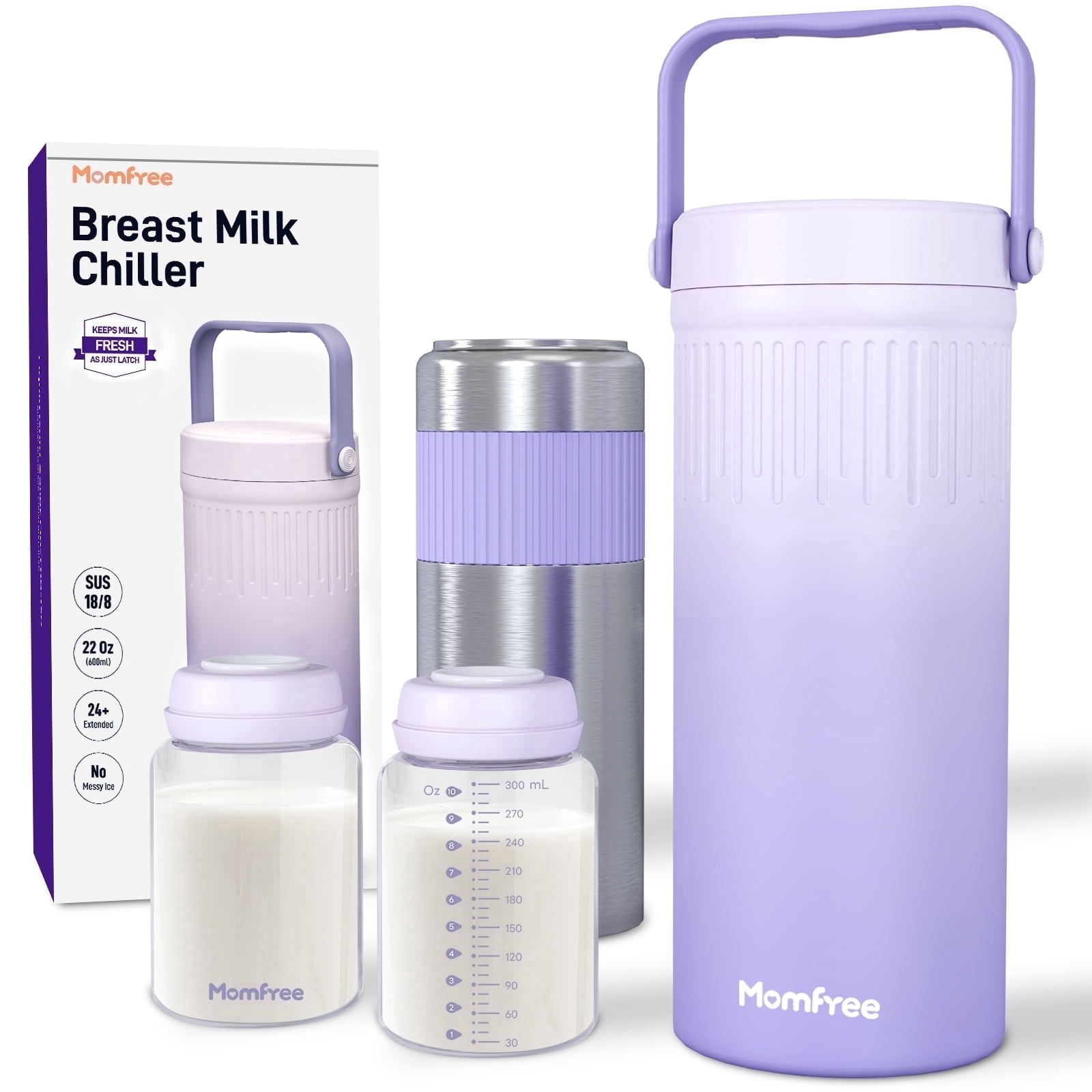 Momfree 22oz Breast Milk Cooler for Breastmilk Storage–360°Cooling Keeps Milk Fresh 24H,Portable Breastmilk Chiller with 2 BPA-Free Bottles, Leak-Proof,304 Stainless Steel,for Travel & Work
