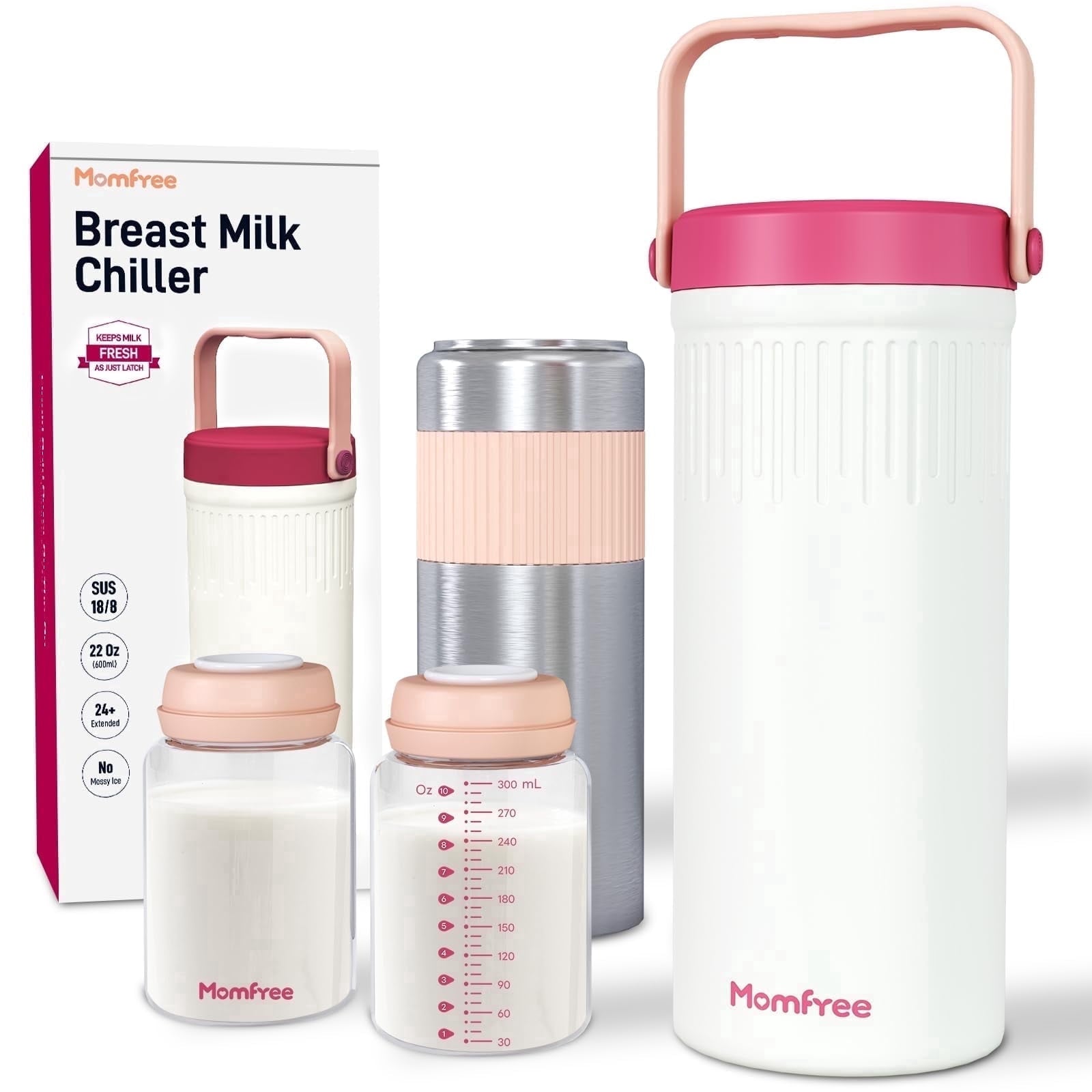 Momfree 22oz Breast Milk Cooler for Breastmilk Storage–360°Cooling Keeps Milk Fresh 24H,Portable Breastmilk Chiller with 2 BPA-Free Bottles, Leak-Proof,304 Stainless Steel,for Travel & Work