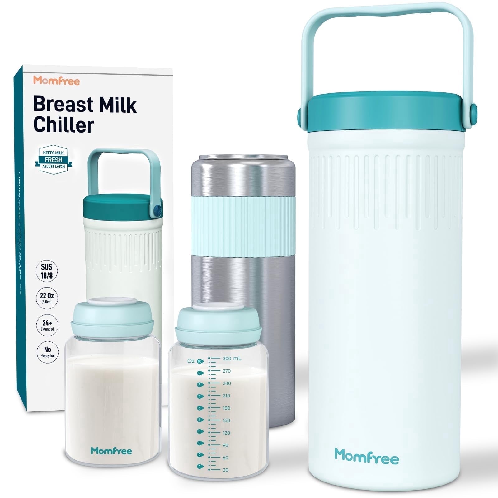 Momfree 22oz Breast Milk Cooler for Breastmilk Storage–360°Cooling Keeps Milk Fresh 24H,Portable Breastmilk Chiller with 2 BPA-Free Bottles, Leak-Proof,304 Stainless Steel,for Travel & Work