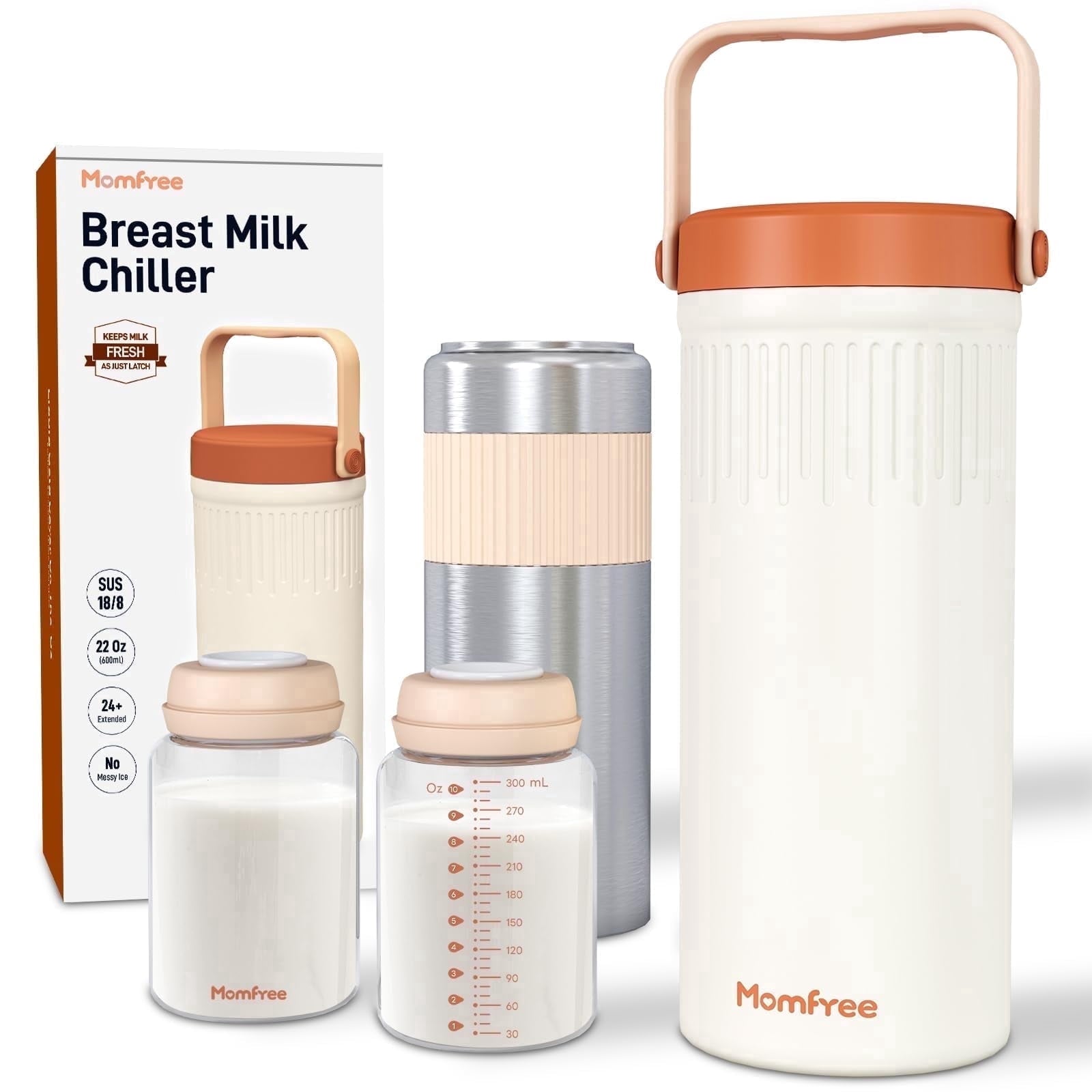 Momfree 22oz Breast Milk Cooler for Breastmilk Storage–360°Cooling Keeps Milk Fresh 24H,Portable Breastmilk Chiller with 2 BPA-Free Bottles, Leak-Proof,304 Stainless Steel,for Travel & Work