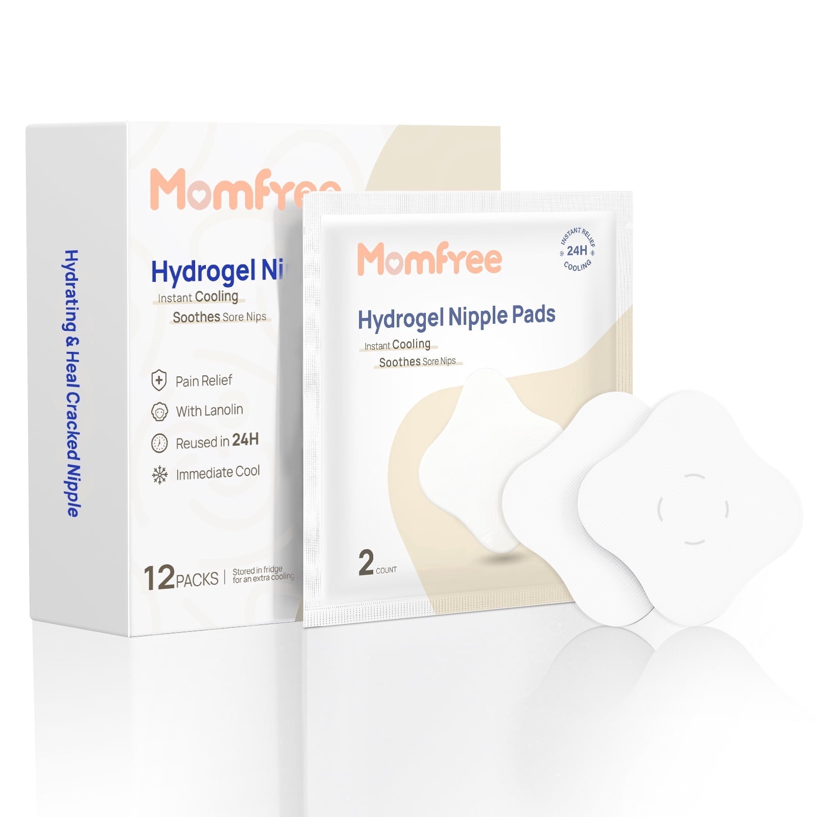 Momfree Hydrogel Nipple Pads, Reusable Cooling Gel Pads for Sore Nipples, 6 Pairs (12 Count)