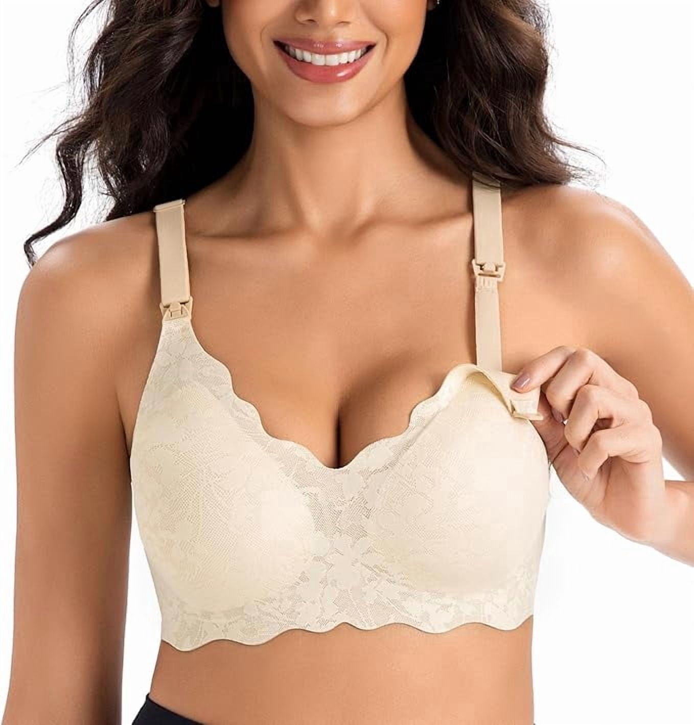 Momfree Lace Nursing Bra for Breastfeeding,Seamless Padded Maternity Bra with Fixed Padding,Soft Deep V Bra Sleep Bralette for Women XL