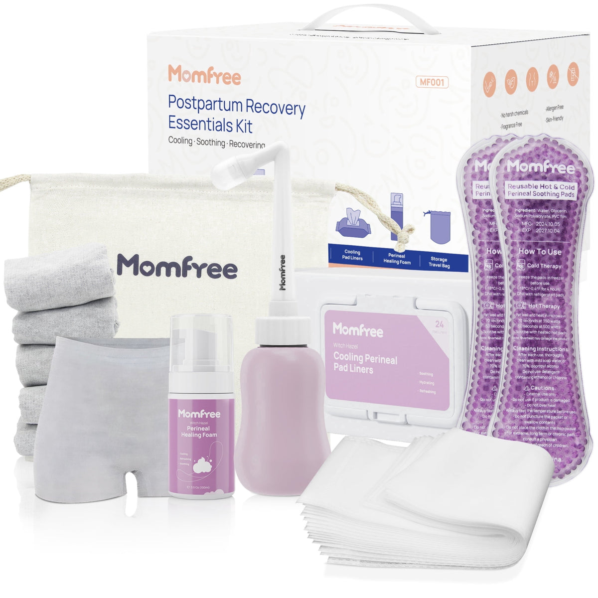 Momfree Postpartum Recovery Kit, 11 Piece, Peri Bottle, Maxi Pads, Nursing Pads, Disposable Underwear, Witch Hazel Liners, Lanolin Cream, Hospital Bag