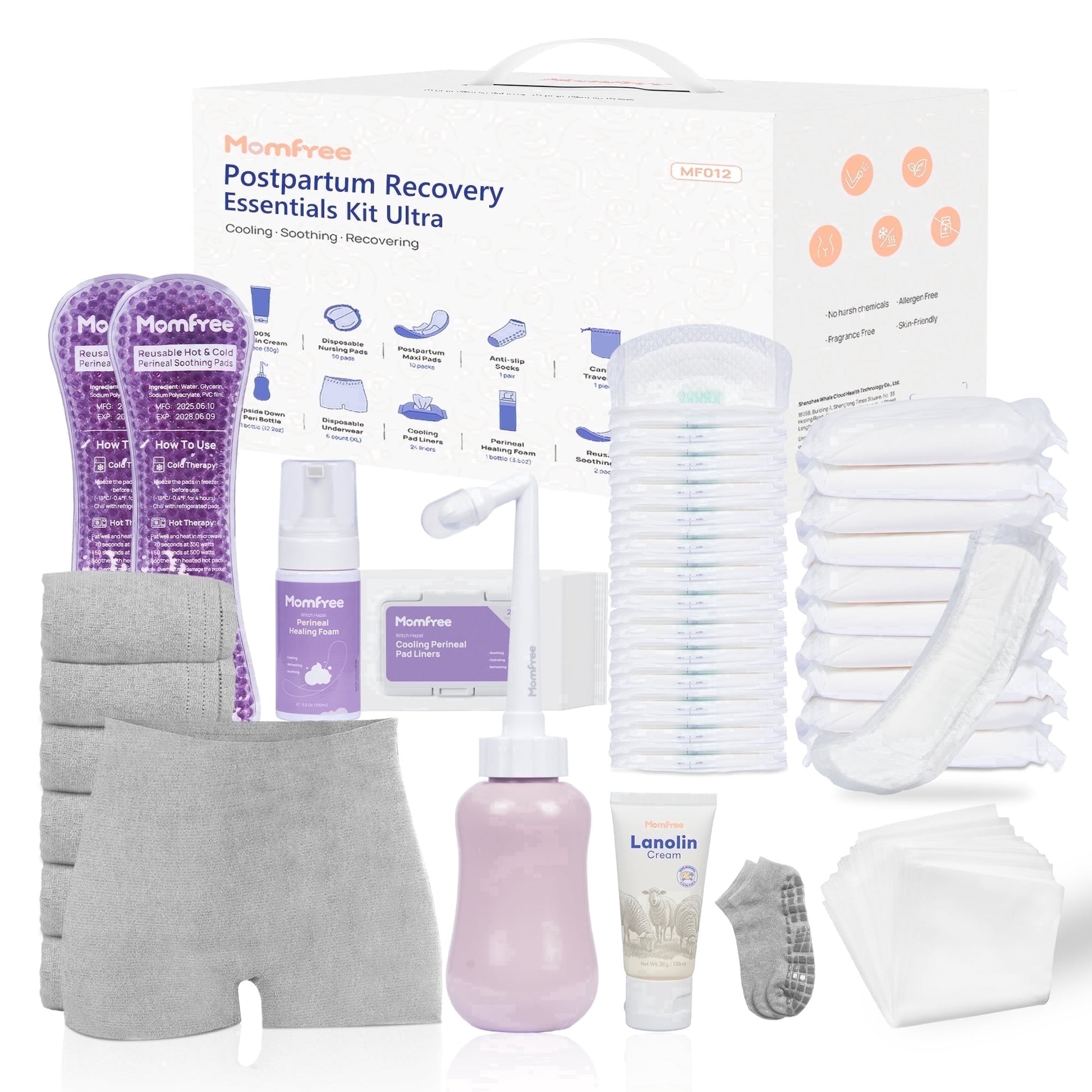 Momfree Postpartum Recovery Kit, 7 Piece, Peri Bottle, Disposable Underwear, Witch Hazel Liners, Soothing Pads, Perineal Foam, Hospital Bag Essentials