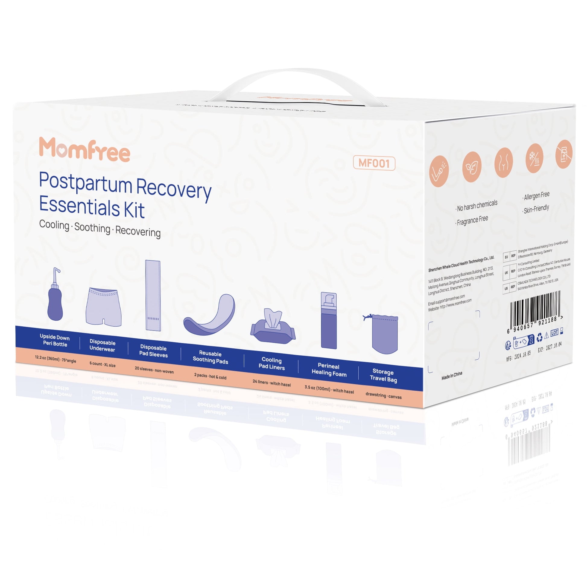 Momfree Postpartum Recovery Kit, 7 Piece, Peri Bottle, Disposable Underwear, Witch Hazel Liners, Soothing Pads, Perineal Foam, Hospital Bag Essentials