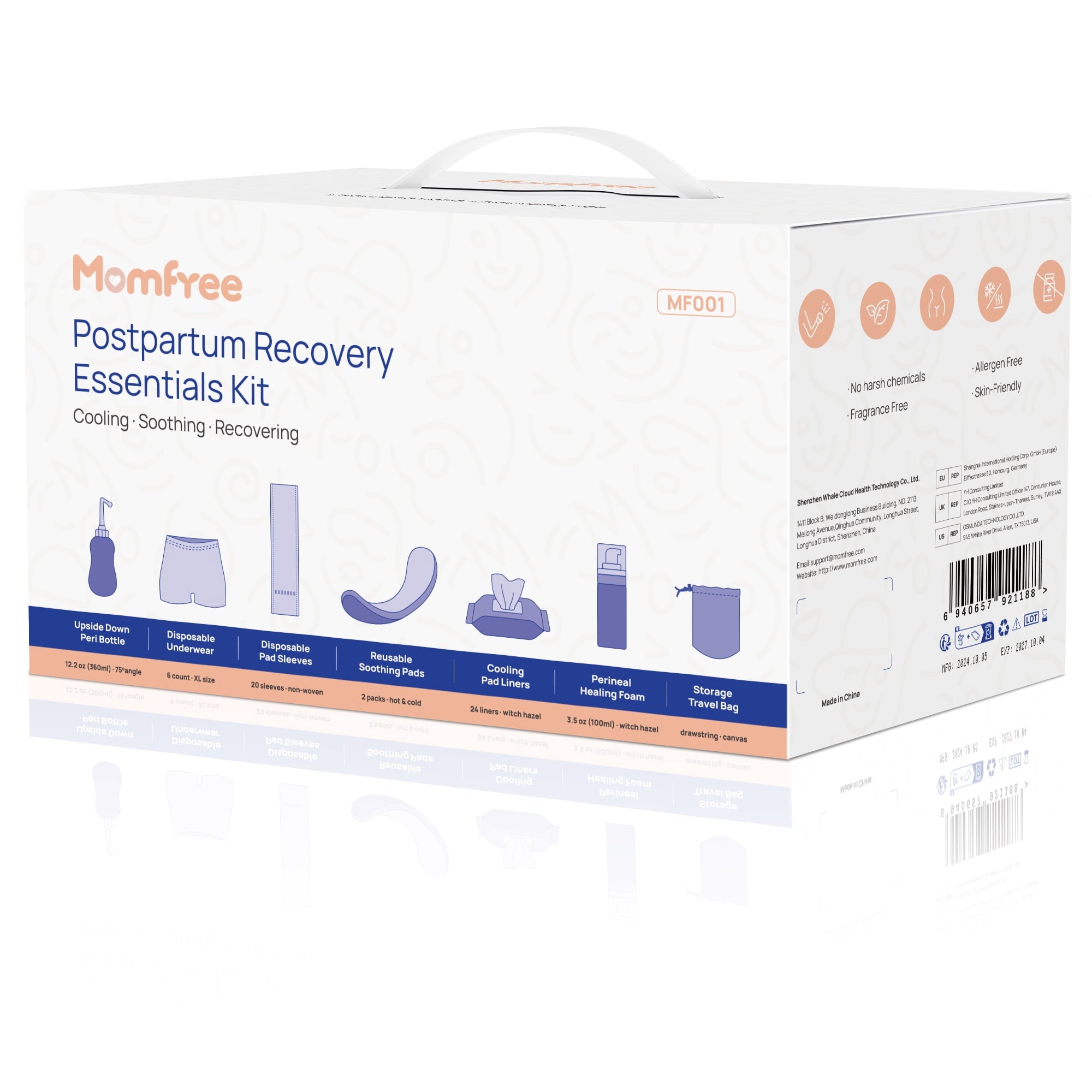 Momfree Postpartum Recovery Kit, 7 Piece, Peri Bottle, Disposable Underwear, Witch Hazel Liners, Soothing Pads, Perineal Foam, Hospital Bag Essentials