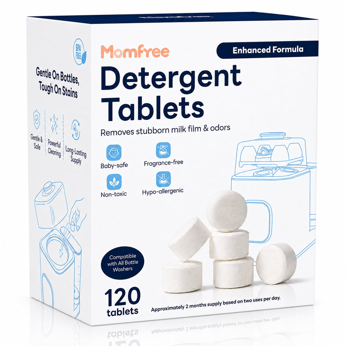 Bottle Detergent Tablets, Baby-Safe Tablets for Washer Machines, Compatible with All Bottle Washer Sterilizer, 120 Count
