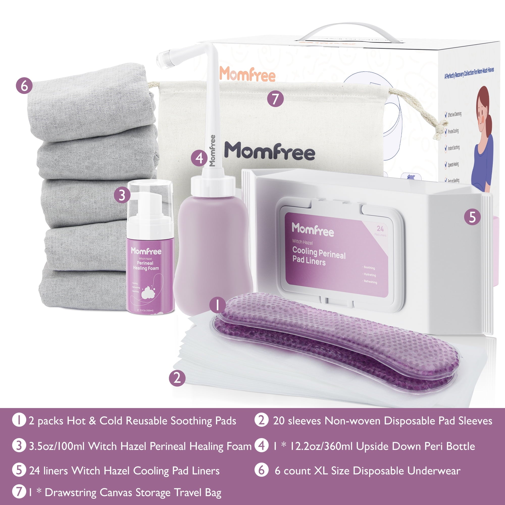Momfree Postpartum Recovery Kit, 7 Piece, Peri Bottle, Disposable Underwear, Witch Hazel Liners, Soothing Pads, Perineal Foam, Hospital Bag Essentials