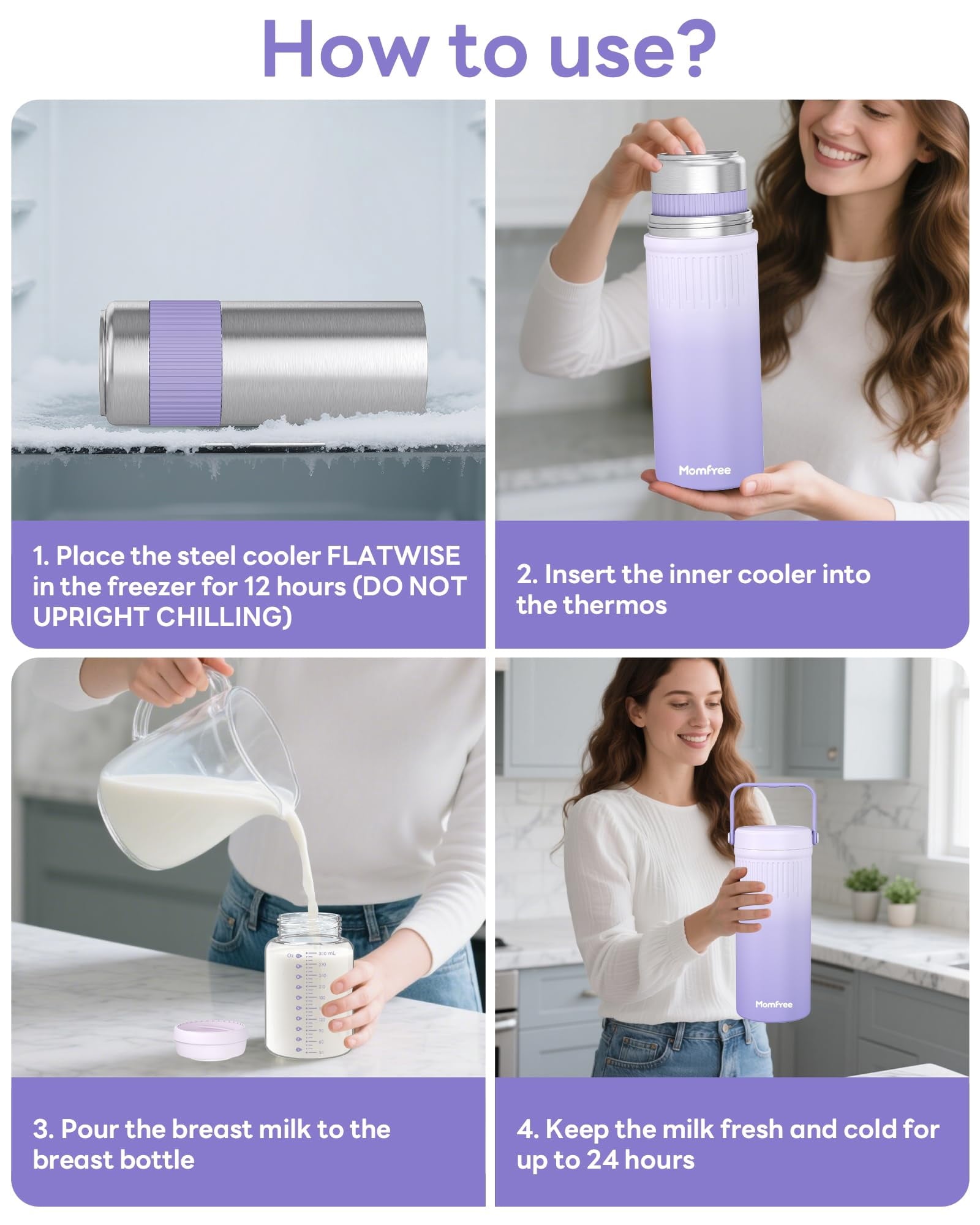 Momfree 22oz Breast Milk Cooler for Breastmilk Storage–360°Cooling Keeps Milk Fresh 24H,Portable Breastmilk Chiller with 2 BPA-Free Bottles, Leak-Proof,304 Stainless Steel,for Travel & Work