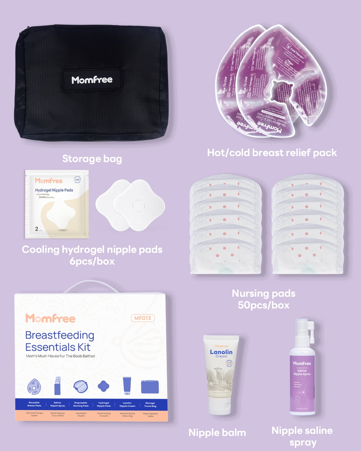 Momfree Breastfeeding Essentials Kit for Nursing Moms,60 Piece Gift Set with Reusable Hot and Cold Breast Therapy Packs,Hydrogel Nipple Pads,Nursing Pads