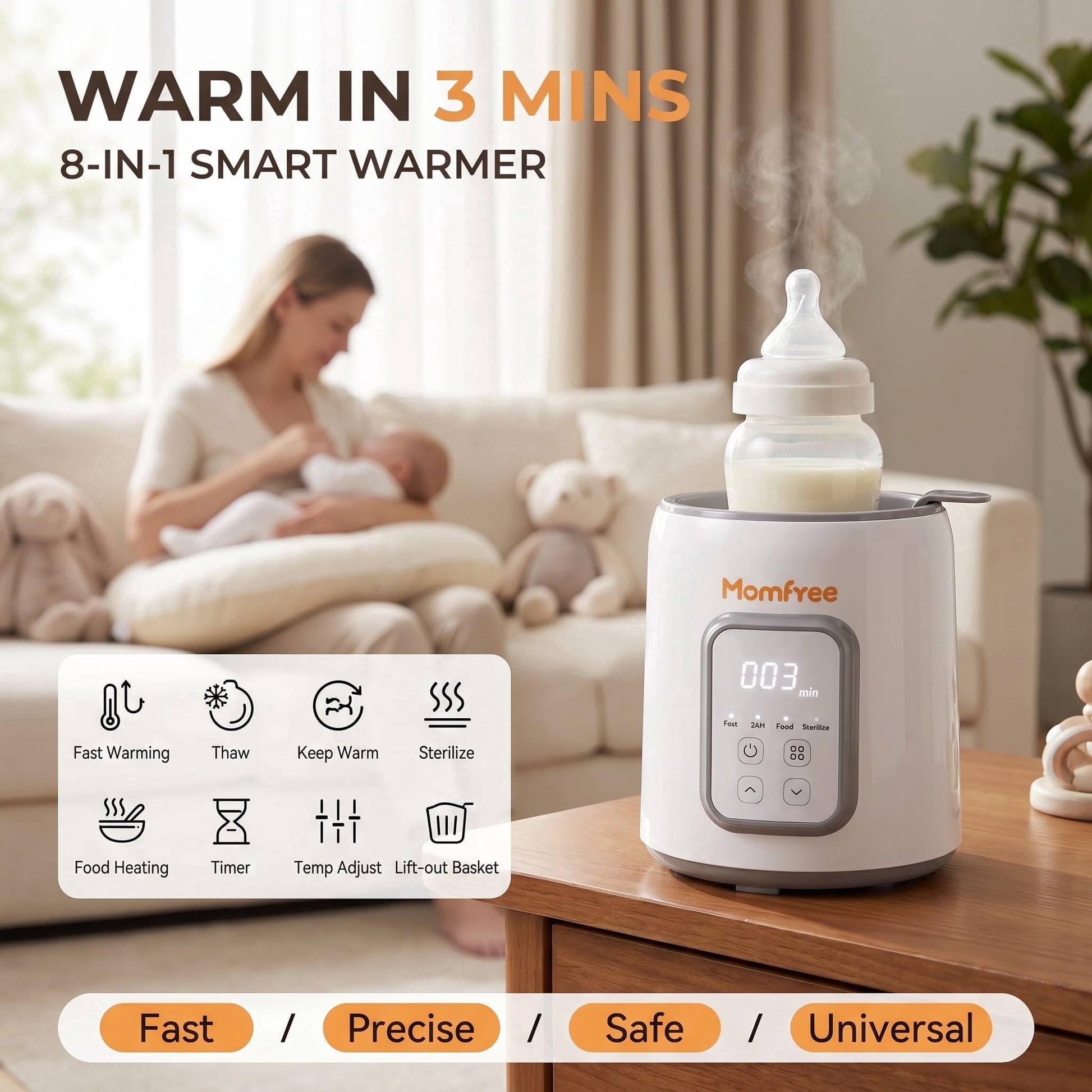 Momfree Baby Bottle Warmer,8-in-1 Baby Milk Warmer with Smart Temperature Control Fast Baby Food Heater,Automatic Shut-Off Breastmilk Warmer,Steam Sterilizer,with Defrost Keep for All Bottles