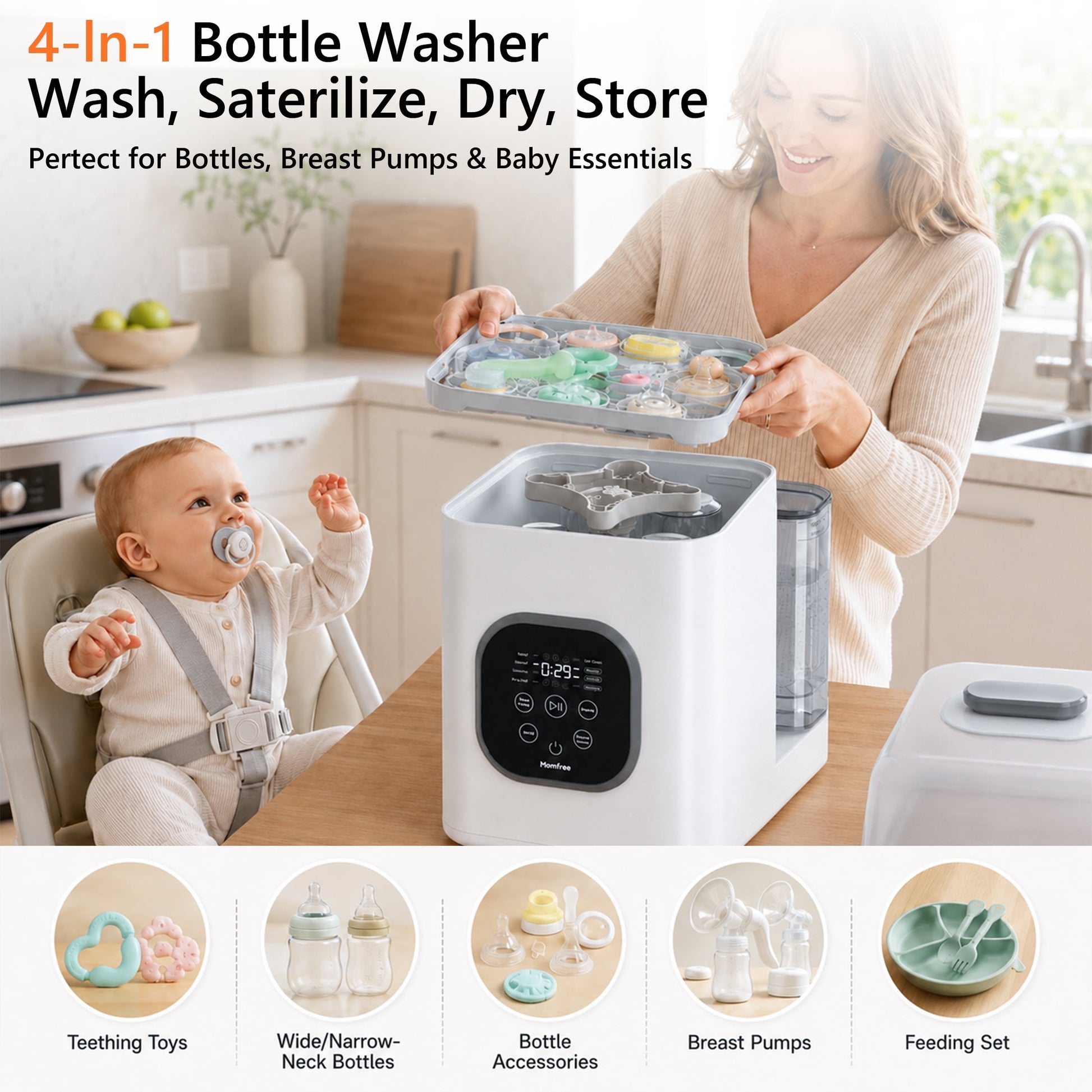 Momfree Bottle Washer Sterilizer and Dryer,Large Capacity Automatic Baby Bottle Washing Machine for Bottles and Pump Parts