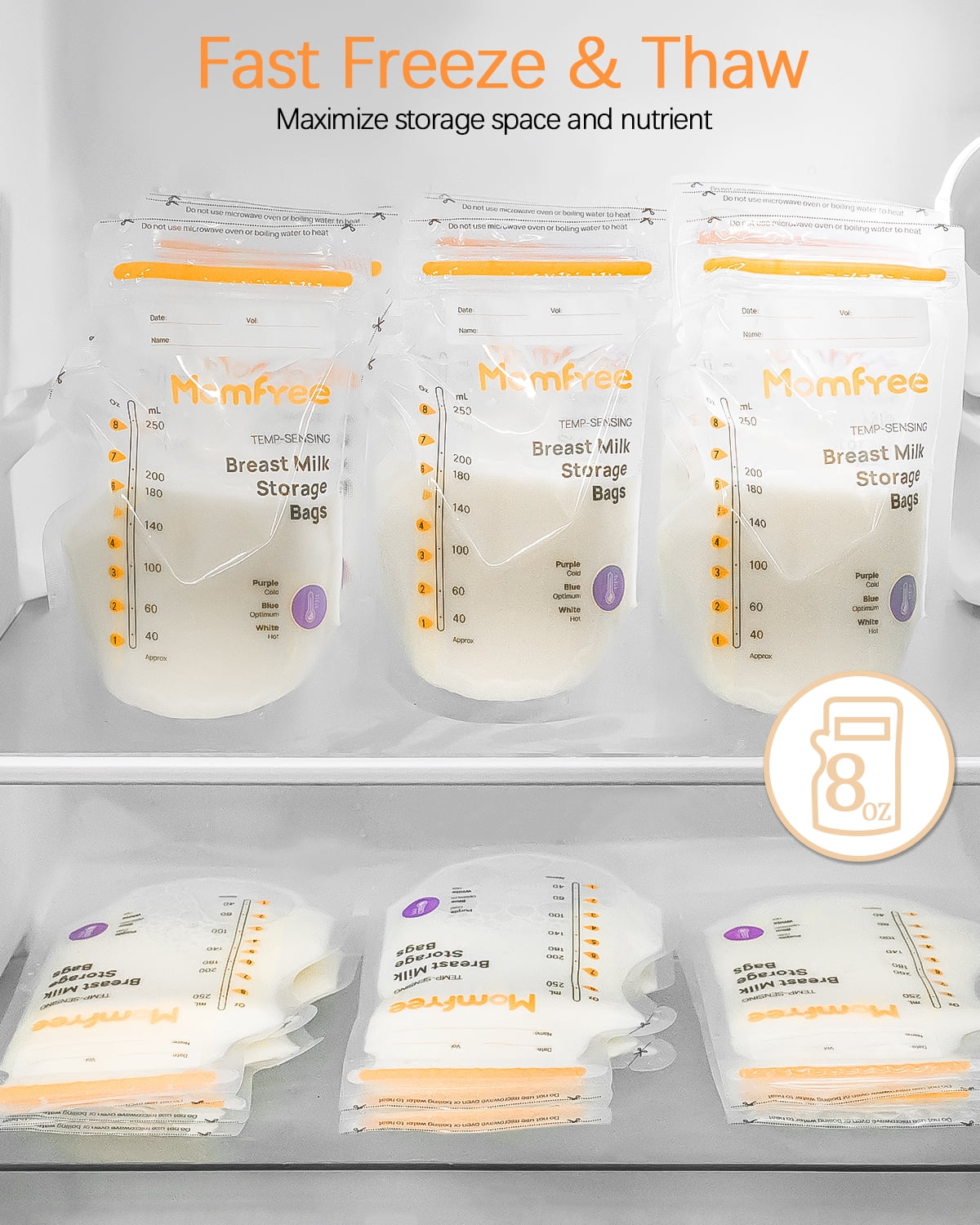 Momfree Sterile Breastmilk Storage Bags, 8 oz, Temp-Sensing, Fast Freeze & Thaw for Baby Bottle Feeding, 120 Count