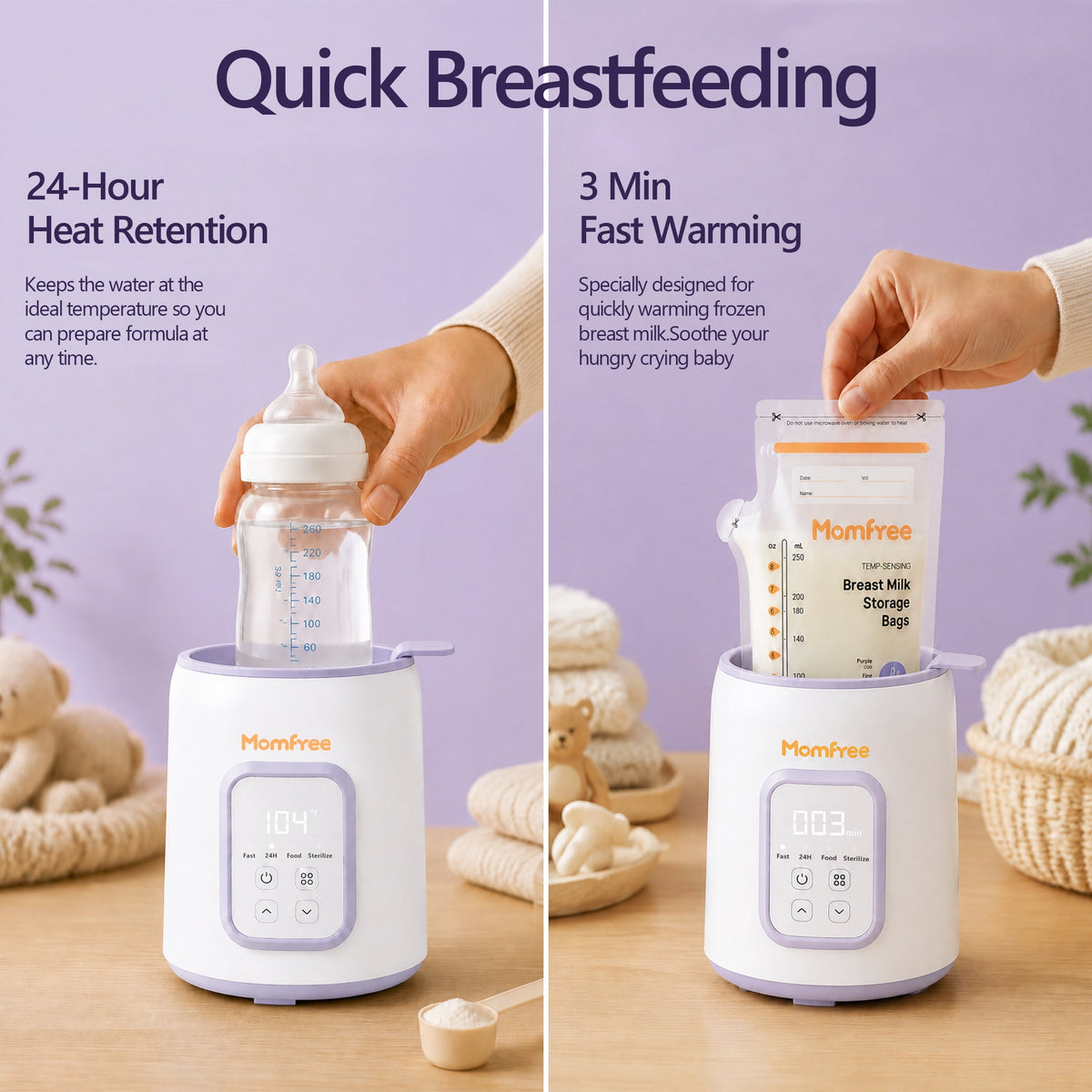 Momfree Baby Essentials Bottle Warmer,8-in-1 Baby Milk Warmer with Smart Temperature Control Fast Baby Food Heater,Automatic Shut-Off Breastmilk Warmer,with Defrost Keep for All Bottles