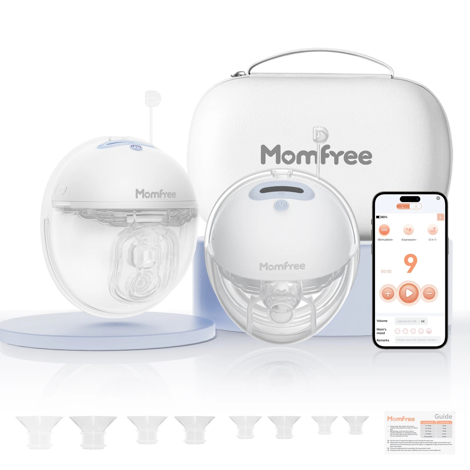 Momfree F6 blue double wearable breast pump set with app control, carrying case and flange inserts