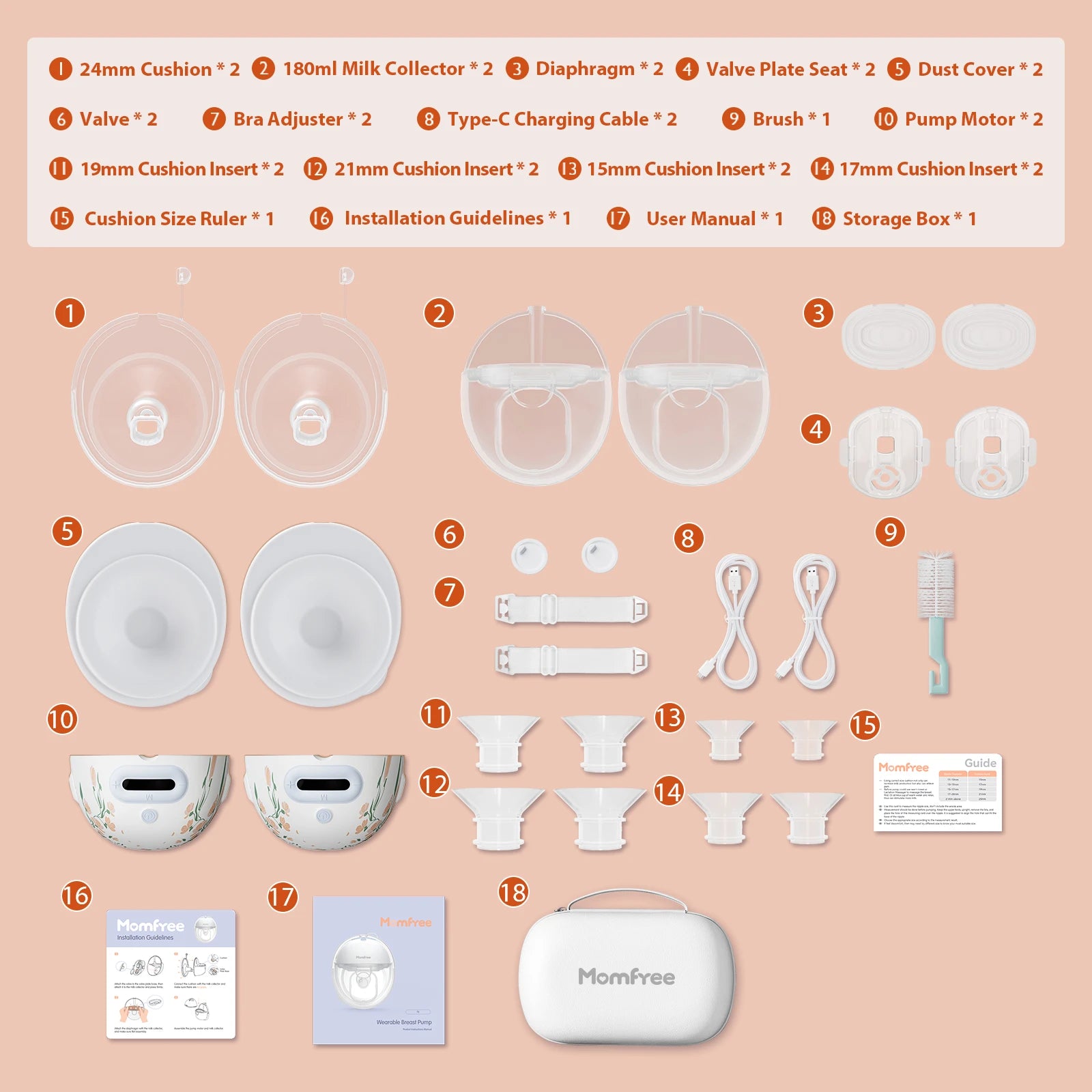 Momfree F6 double wearable breast pump set with collection cups, flange inserts, charging cables and carrying case