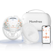 Momfree F6 Floral wearable breast pump with a carrying case and a phone displaying the Momfree app.