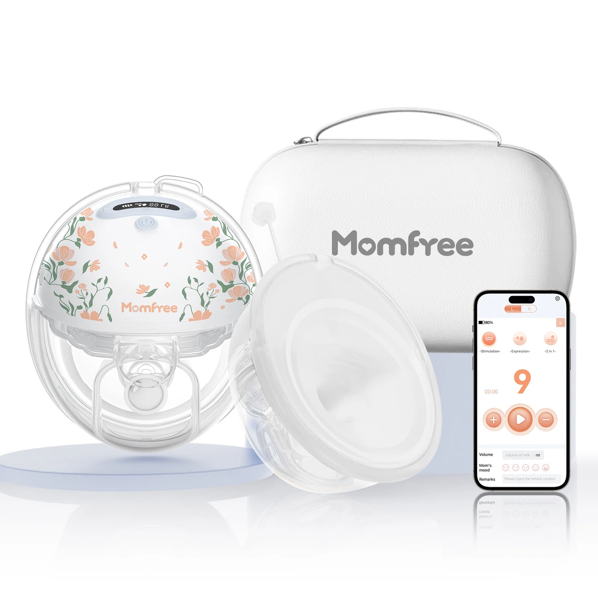 Momfree F6 Floral wearable breast pump with a carrying case and a phone displaying the Momfree app.