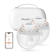 Two Momfree F6 Floral wearable breast pumps in front of a carrying case, with a phone showing the app on the left.