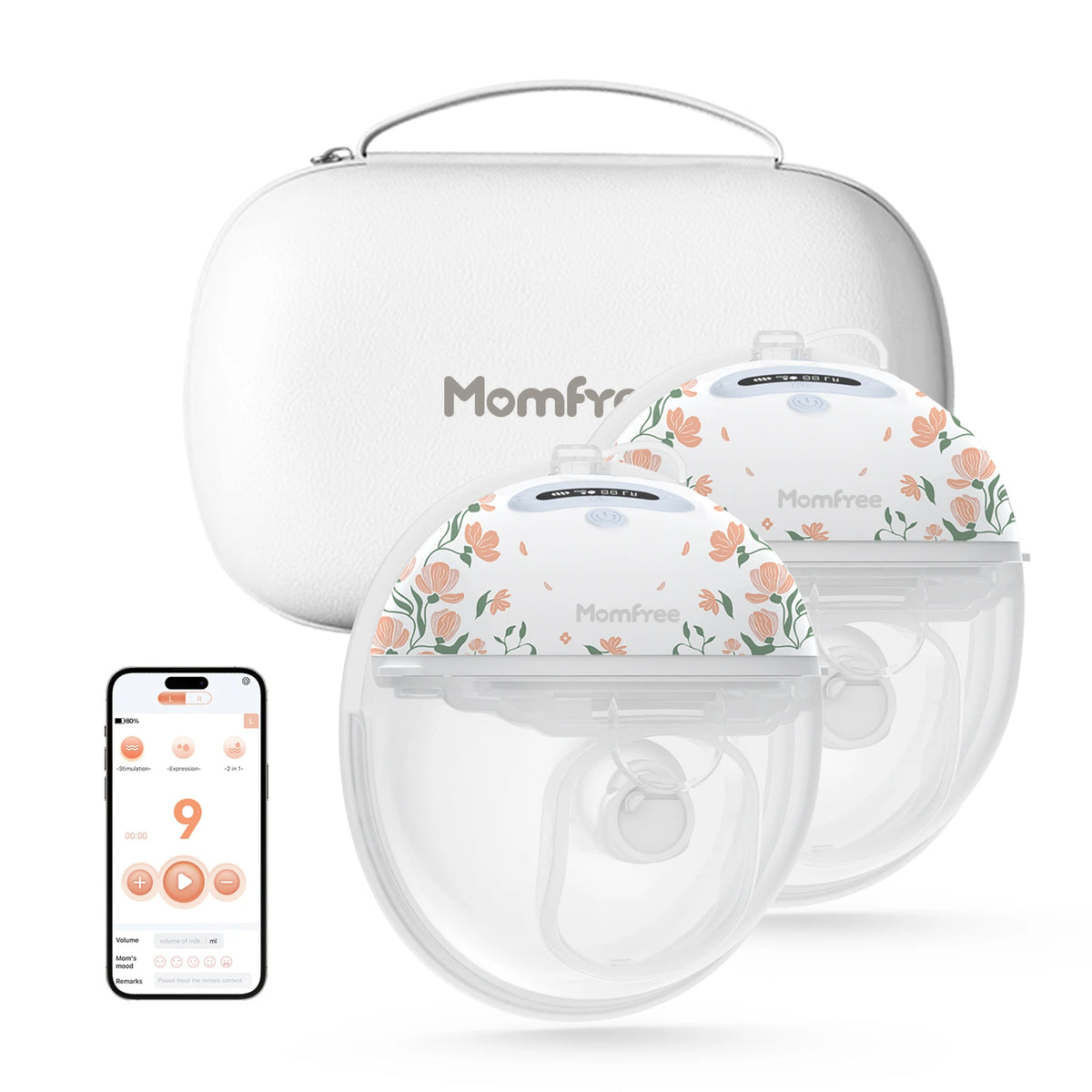 Two Momfree F6 Floral wearable breast pumps in front of a carrying case, with a phone showing the app on the left.