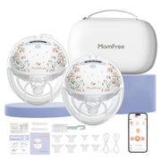 Momfree F6 Floral double wearable breast pump set with carrying case, accessories, and app display on a phone.