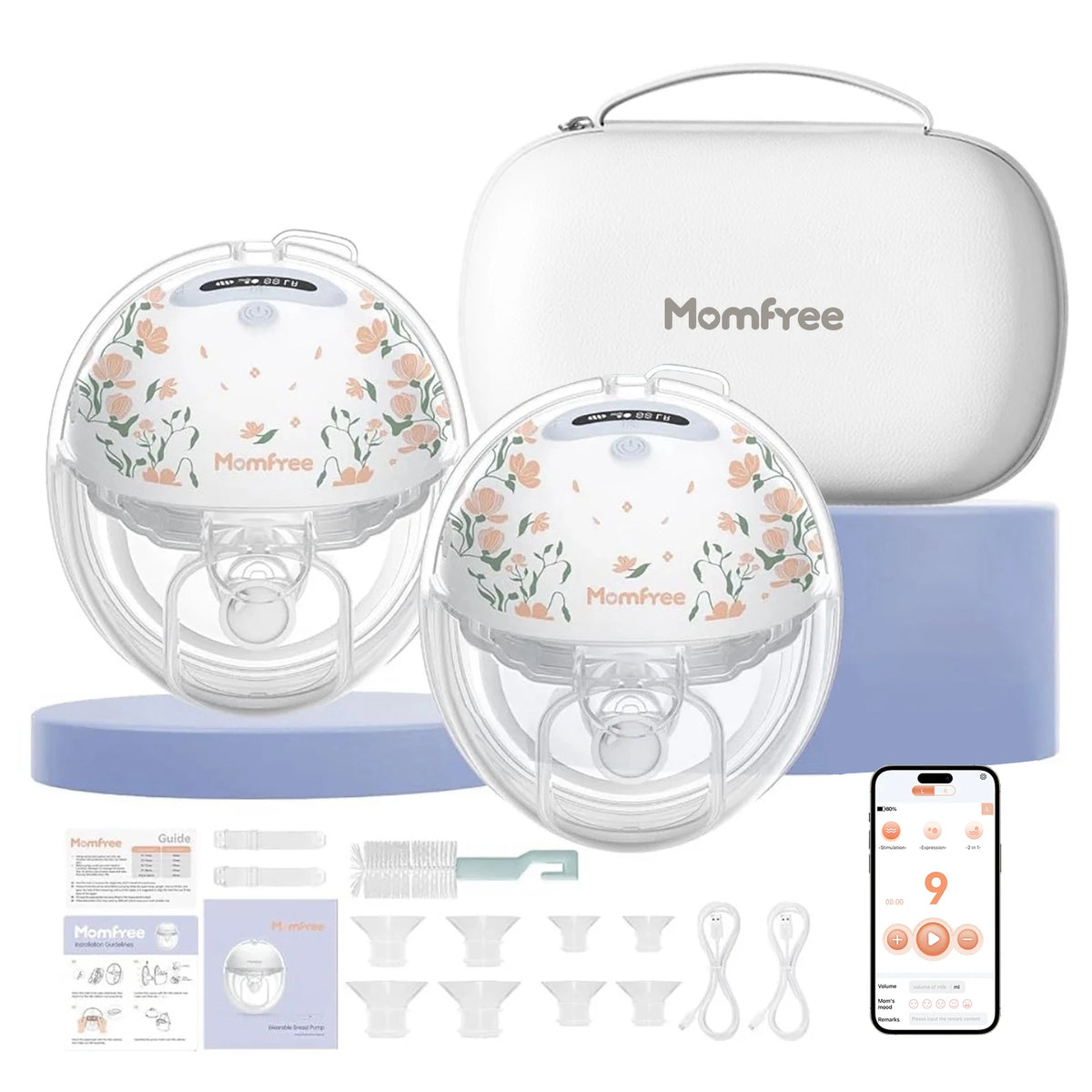 Momfree F6 Floral double wearable breast pump set with carrying case, accessories, and app display on a phone.