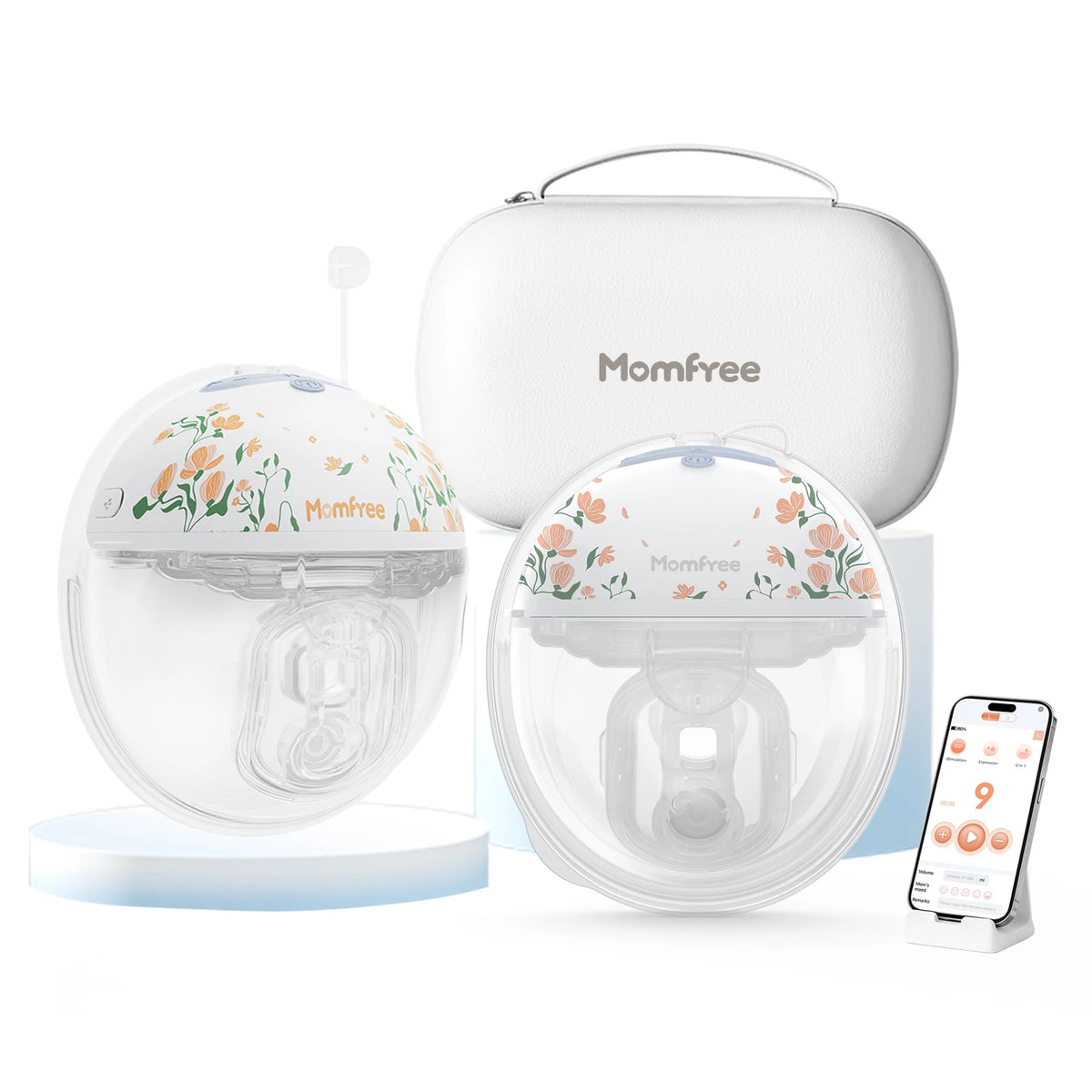 Two Momfree F6 Floral wearable breast pumps in front of a carrying case, beside a phone showing the app.