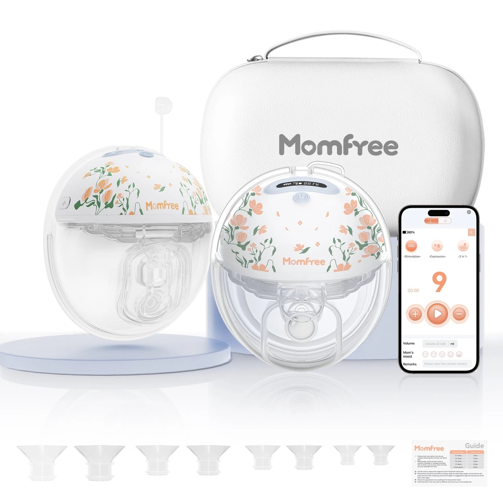 Momfree F6 floral double wearable breast pump set with app control, carrying case and flange inserts