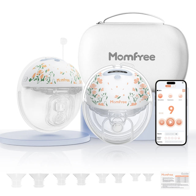 Momfree F6 floral double wearable breast pump set with app control, carrying case and flange inserts