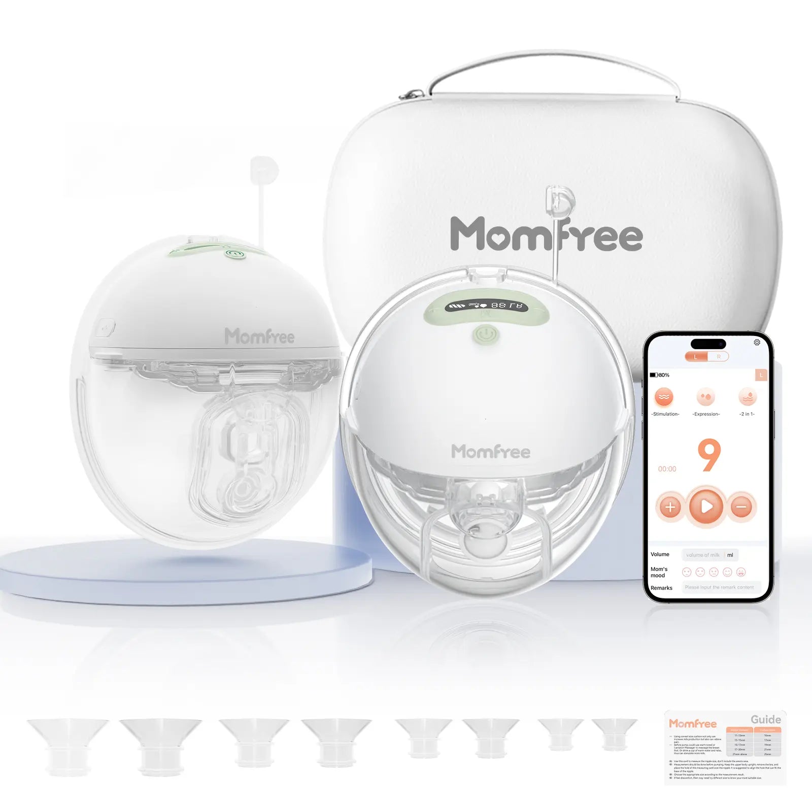 Momfree F6 green double wearable breast pump set with app control, carrying case and flange inserts