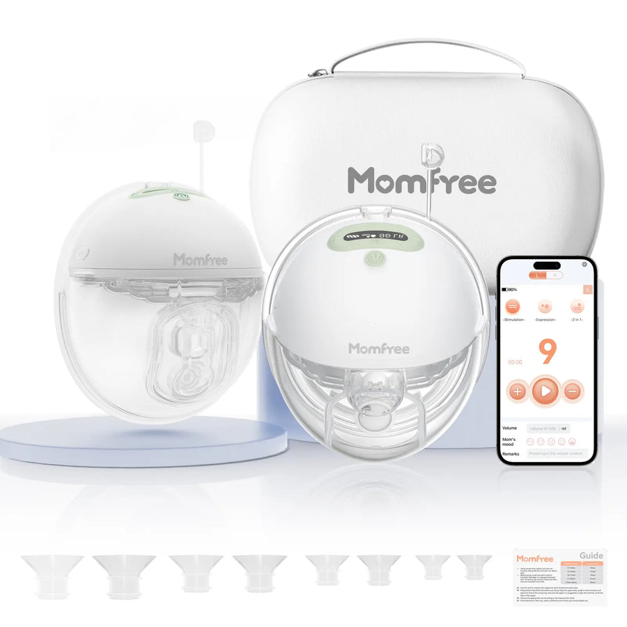 Momfree F6 green double wearable breast pump set with app control, carrying case and flange inserts