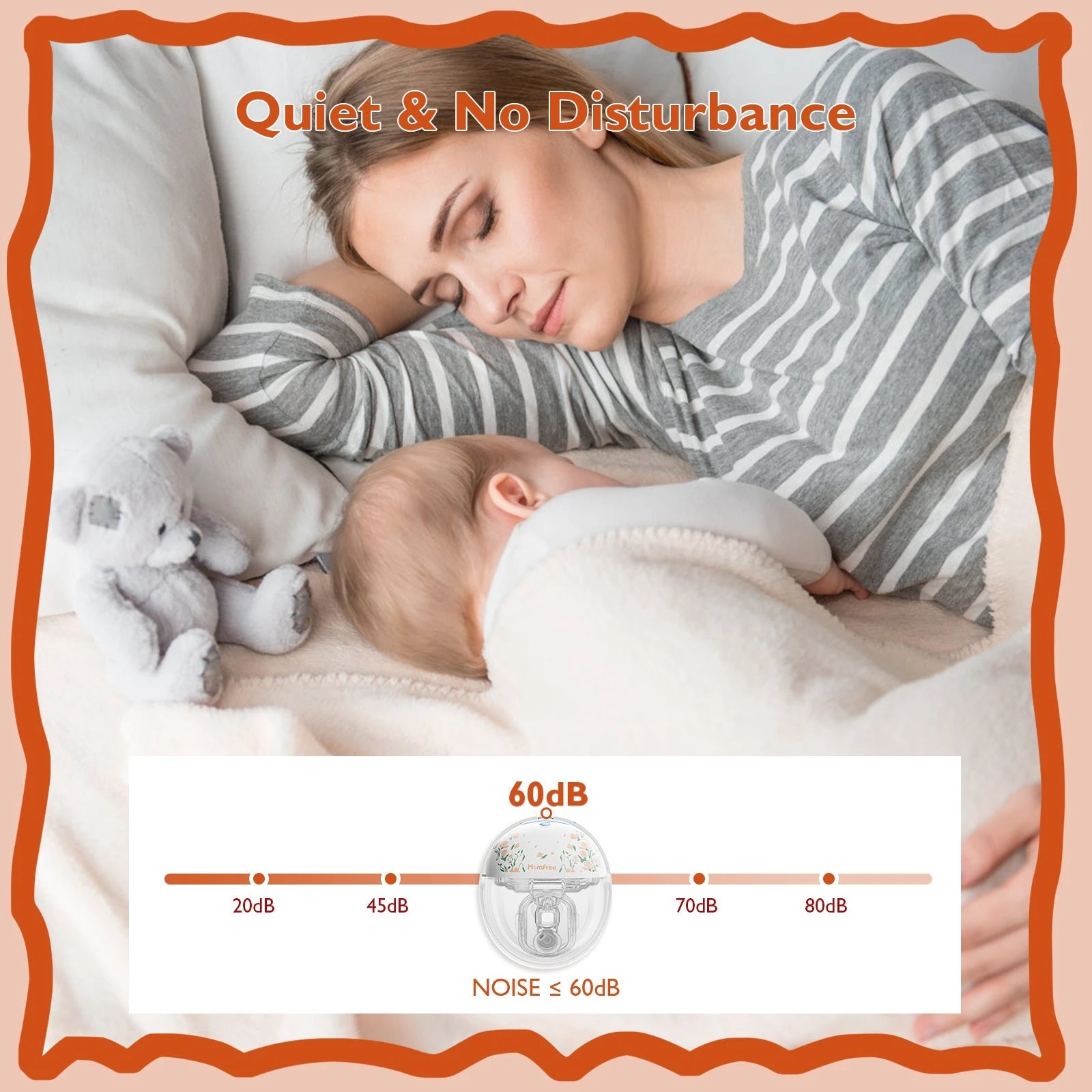 Momfree F6 wearable breast pump quiet operation comparison showing noise at 60 dB or less