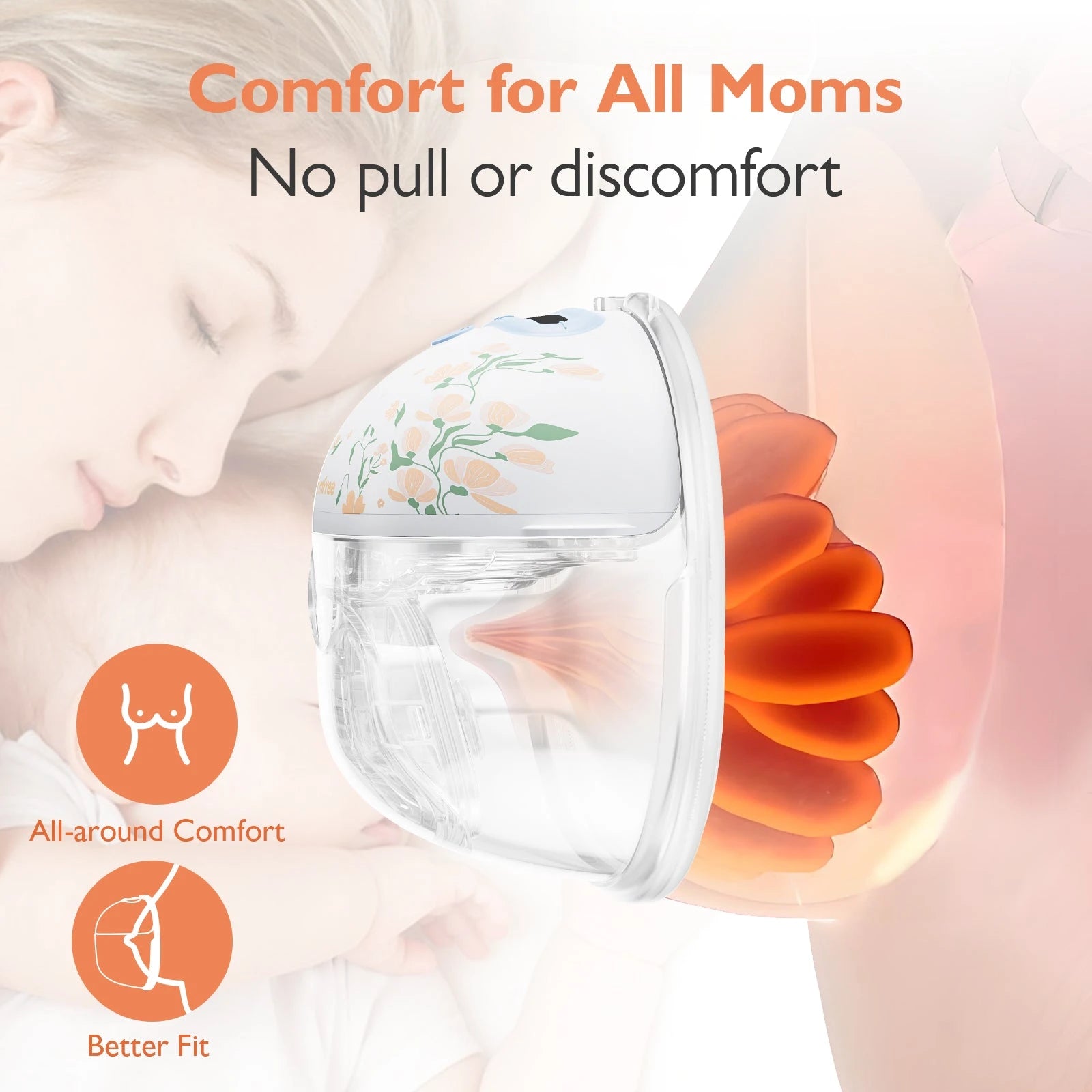 Momfree F6 floral wearable breast pump with a contoured design for a comfortable fit