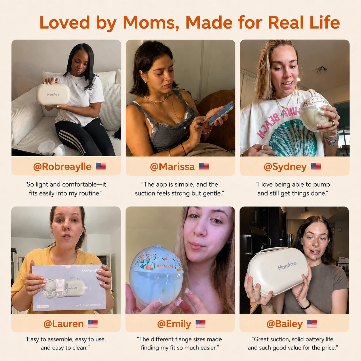 Six moms share their experiences with the Momfree F6 wearable breast pump, highlighting comfort, app control, fit options, and everyday use.