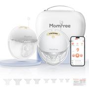 Momfree F6 yellow double wearable breast pump set with app control, carrying case and flange inserts