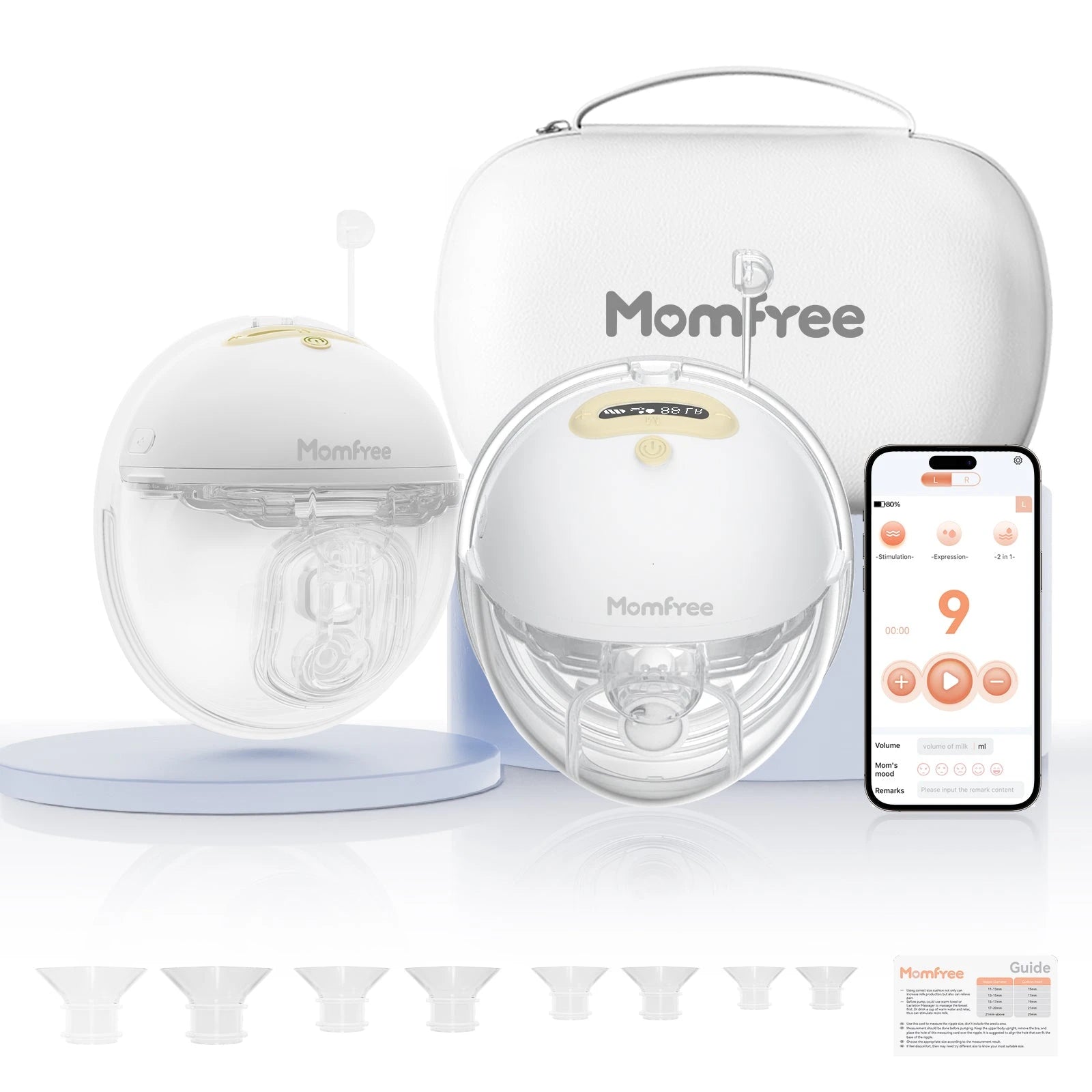 Momfree F6 yellow double wearable breast pump set with app control, carrying case and flange inserts