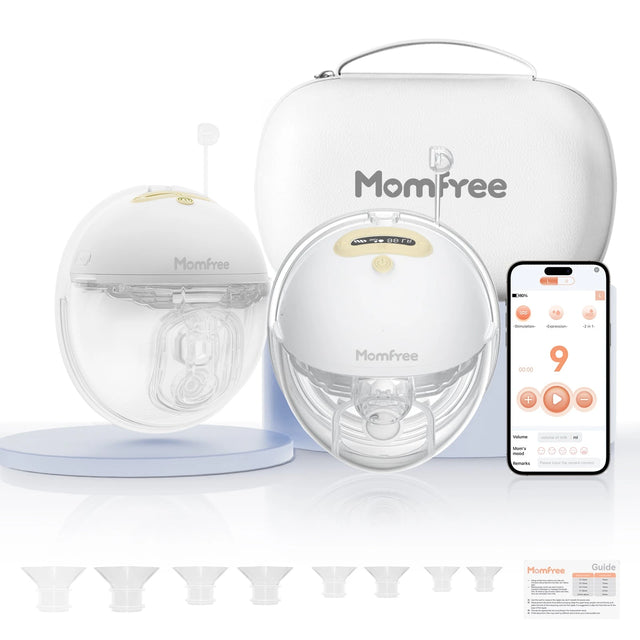 Momfree F6 yellow double wearable breast pump set with app control, carrying case and flange inserts