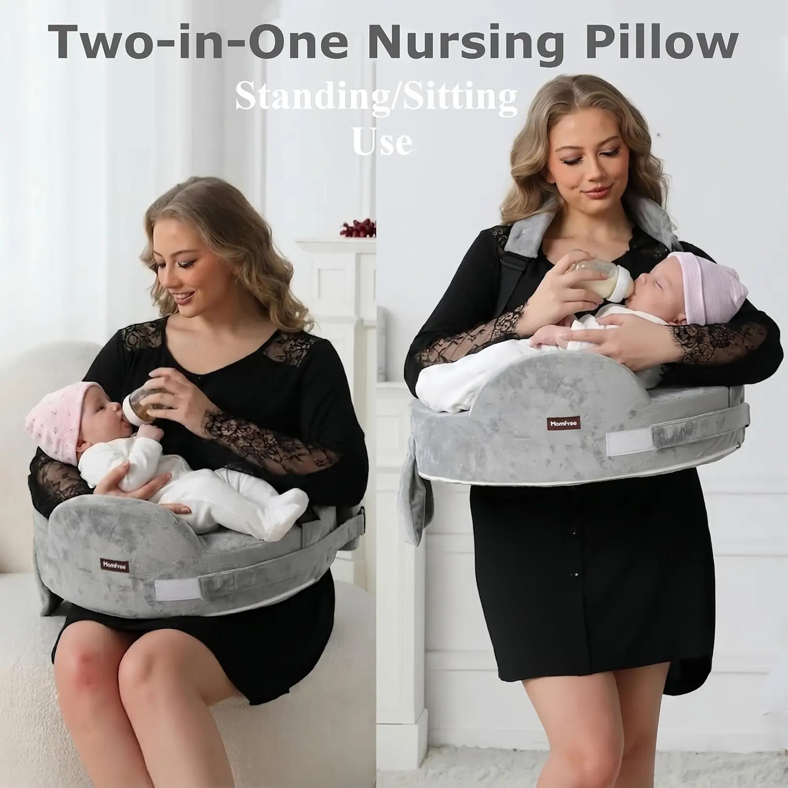 Momfree MF016 nursing pillow size guide showing 24-inch length, 7.6-inch back height and 4.7-inch front height