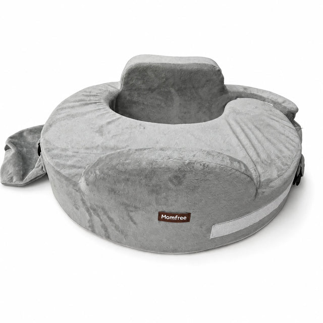 Gray Momfree MF016 adjustable nursing pillow with raised support panel, neck strap and waist belt
