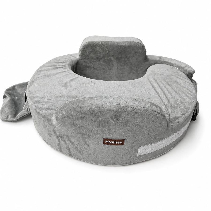 Gray Momfree MF016 adjustable nursing pillow with raised support panel, neck strap and waist belt