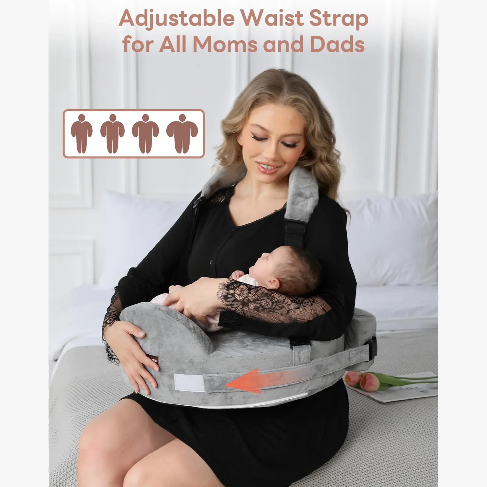 Mother using the adjustable waist strap on the Momfree MF016 nursing pillow for a closer fit