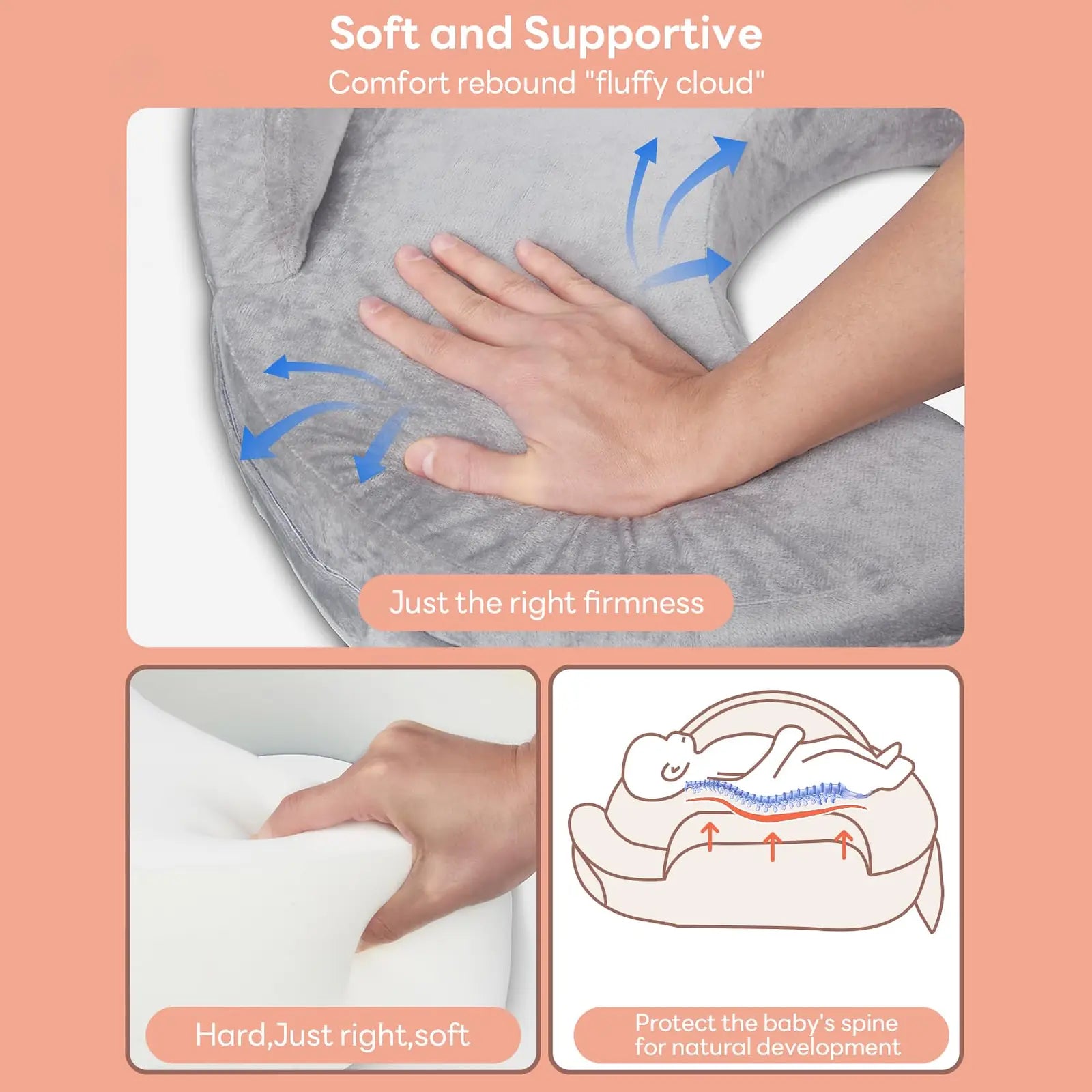 Close-up of the Momfree MF016 nursing pillow showing medium-firm memory foam cushioning and rebound