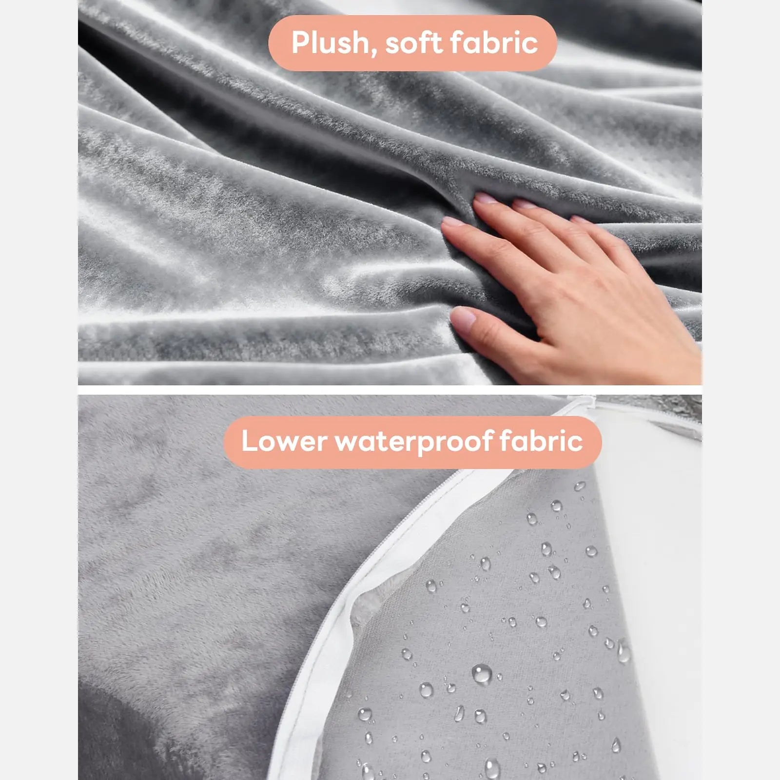 Momfree MF016 nursing pillow materials showing a plush polyester cover and water-resistant lower panel