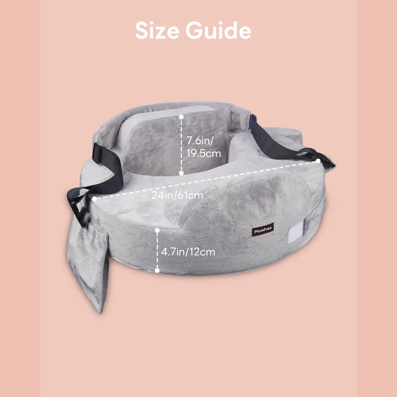 Momfree MF016 nursing pillow showing detailed measurements of the raised back support and front cushion