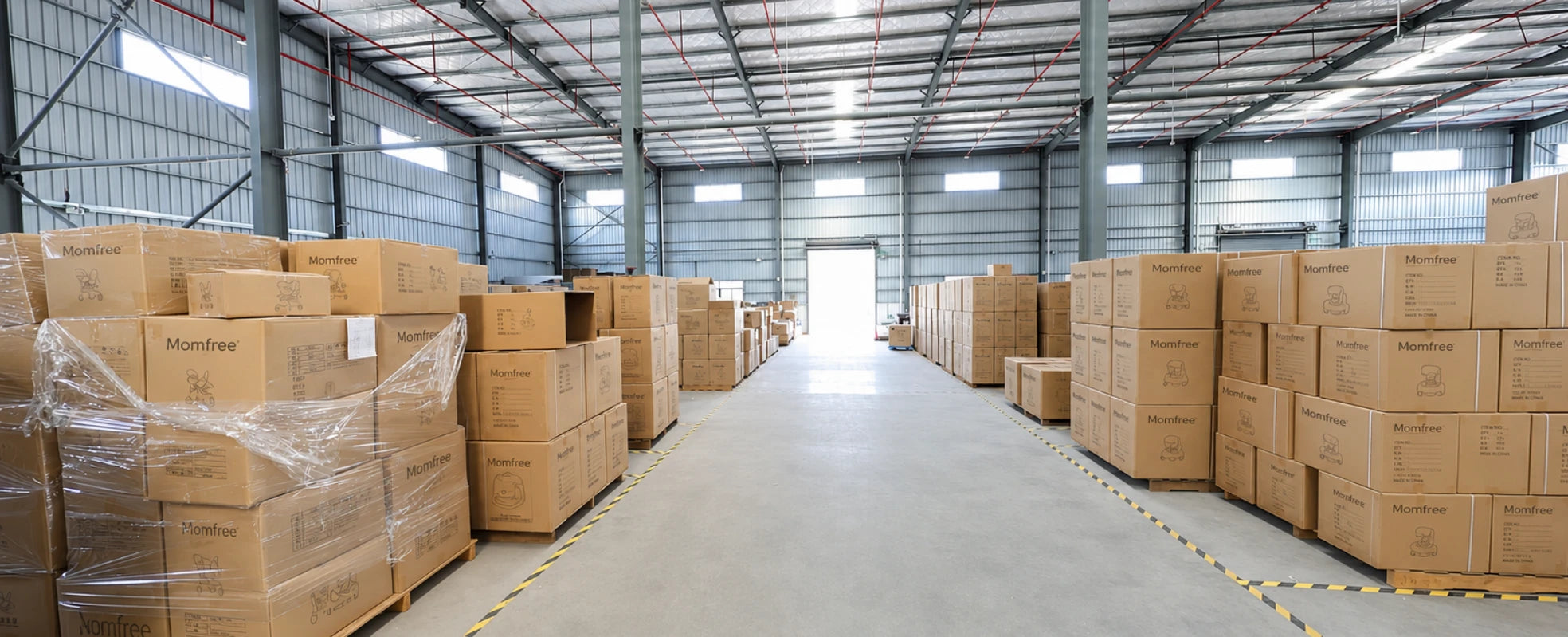 Momfree product warehouse with organized inventory prepared for order fulfillment