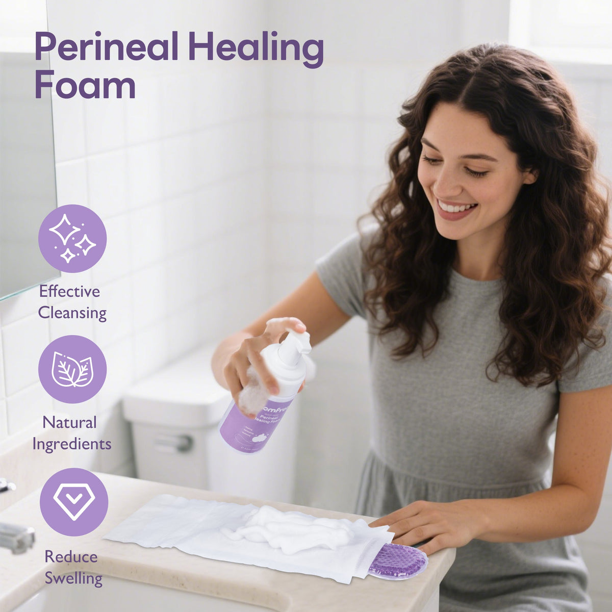 Woman dispensing Momfree perineal foam onto a white pad cover over a purple hot and cold pad.