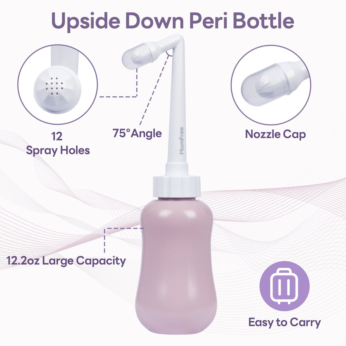 Momfree purple upside-down peri bottle with close-ups of the 75-degree angled nozzle, 12 spray holes, and nozzle cap.